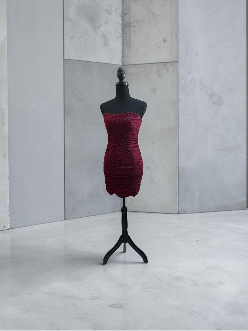 Armani Exchange Strapless Ruched Wine-Red Bodycon Dress